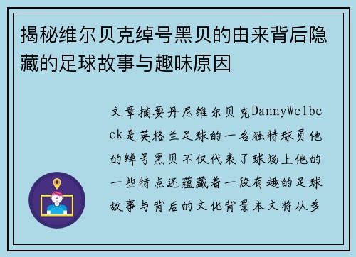 揭秘维尔贝克绰号黑贝的由来背后隐藏的足球故事与趣味原因